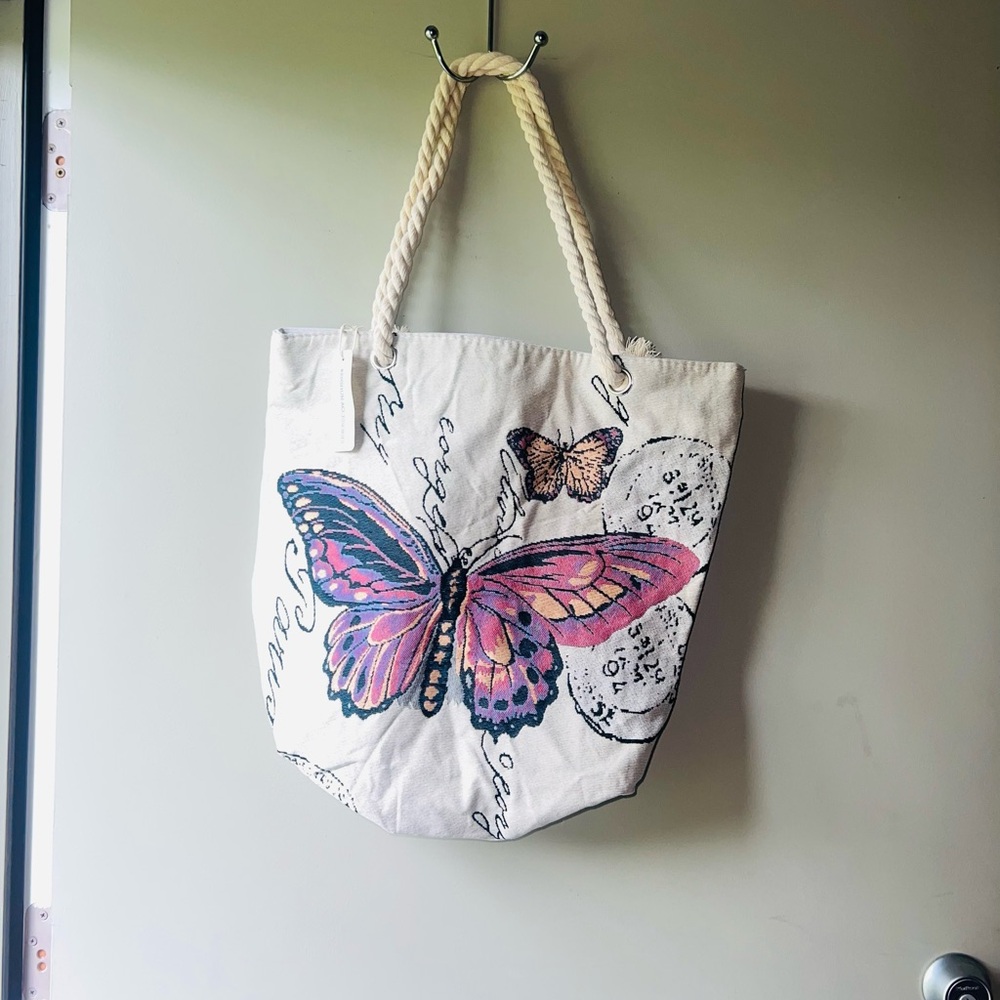 Cream and Pink Butterfly Tote Bag